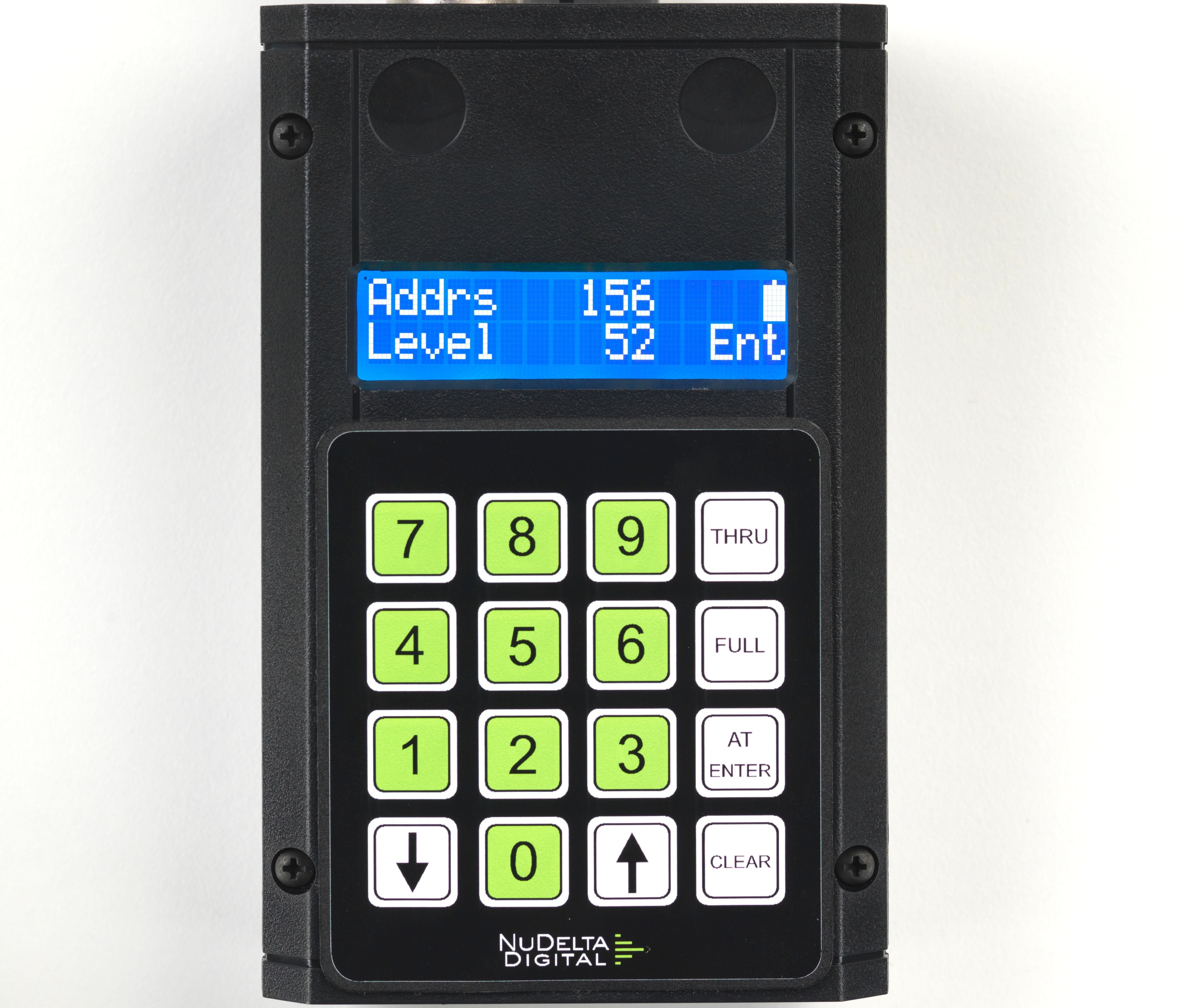 A picture of the DXT-1 DMX Tester with the screen illuminated showing that it is transmitting DMX