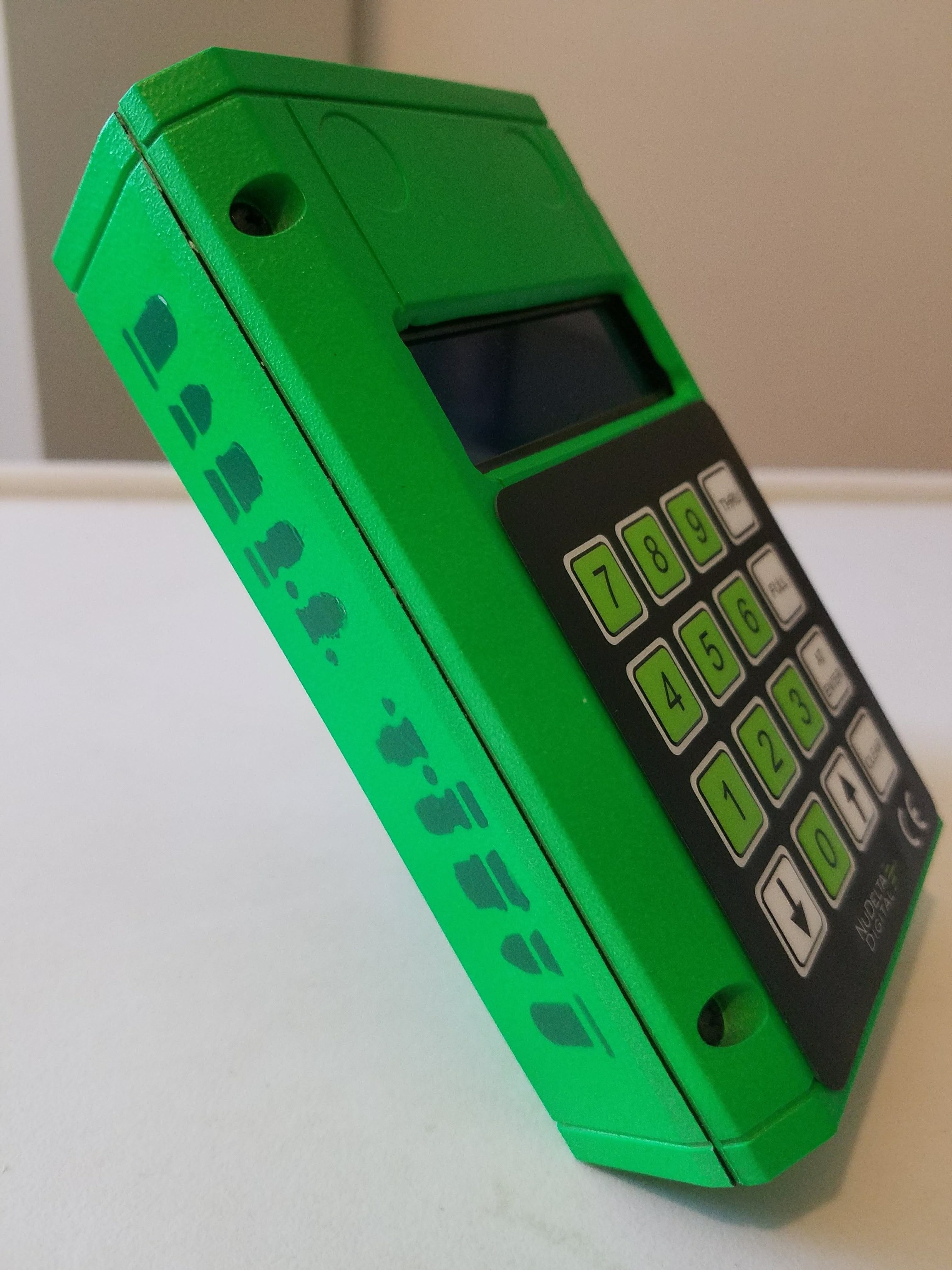 A custom painted DXT1 DMX Tester. For an additional fee, we can custom paint your DXT1 DMX Tester. Green with dark green lighting symbols.